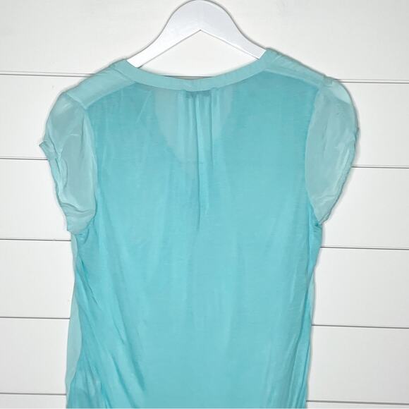 Babaton Aritizia Split Neck Silk Front Cap Sleeve Blouse Aqua Blue Size Small - Picture 6 of 9